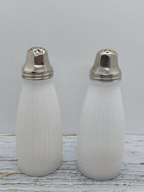 Vintage Ribbed Milk Glass Salt & Pepper Shakers Set With Metal Tops